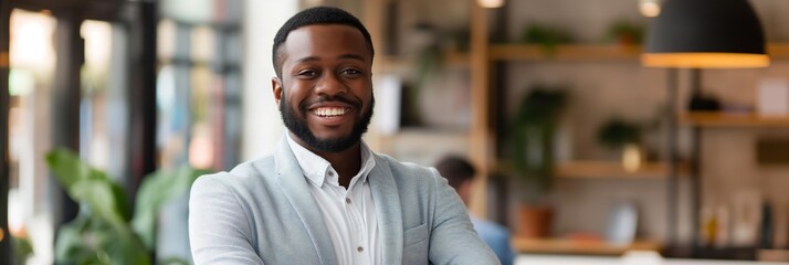 Sticker - Satisfied and cheerful entrepreneur in a suit, smiling joyfully, exuding confidence and success in an office setting.