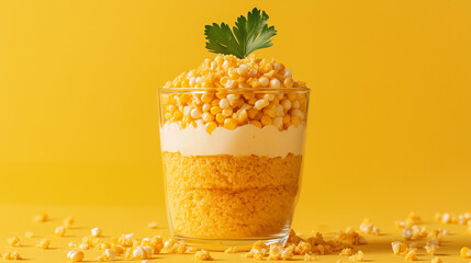 glass jar filled with layers of corn-based and  corn flakes  on yellow background