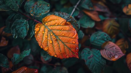 Poster - Closeup of a Single Red Leaf with Dew Drops