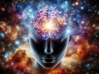 a human mind set against a cosmic background, featuring a detailed brain and face merging with the u
