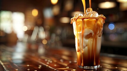 A fresh glass of iced coffee latte mix milk drink is placed on a wooden table.