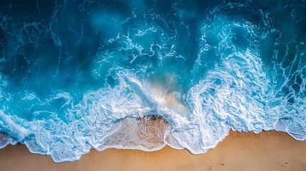 Wall Mural - Ocean waves on the beach as a background Aerial top down view of beach and sea with blue water waves Beautiful natural summer vacation holidays background in Vietnam Vietnam beach : Generative AI