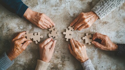 Wall Mural - Hands of different ages fitting together puzzle pieces.