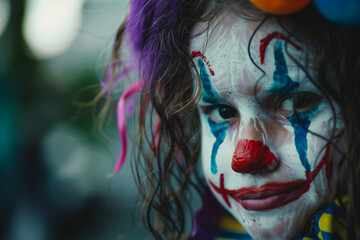 Wall Mural - Halloween Clown Costume designed to scare, featuring a girl as a horrifying clown with sinister makeup