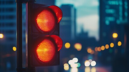 Aufkleber - Close-up of a traffic light showing the red signal, with clear details of the light's casing and the illuminated color against a city backdrop.