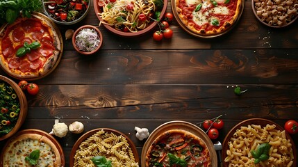 Wall Mural - Delicious Italian food double border Group of pizzas and pastas Top down view on a dark wood banner background Copy space : Generative AI