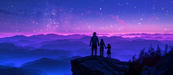 Wall Mural - an illustration of a silhouetted family in the middle of a dark night with a beautiful starry sky.
