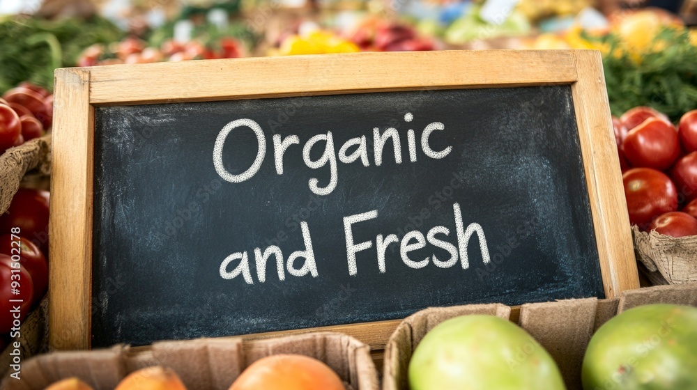 Chalkboard at a farmer market with text "Organic and Fresh" written in ...