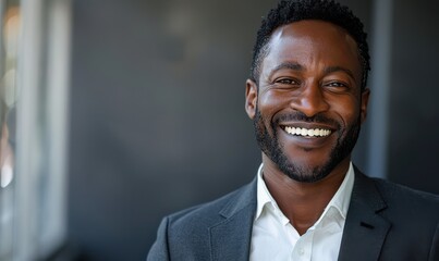 Confident African American businessman smiling in a professional setting.