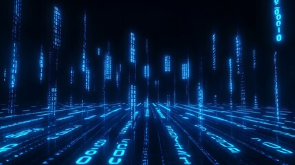 Abstract digital binary code matrix background in blue. Conceptual representation of data, technology, and futuristic computer science.