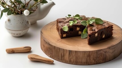 Stock image of tasty stack of homemade chocolate brownies on wooden plate.