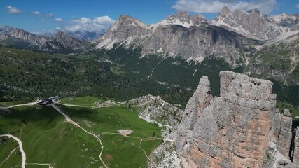 Wall Mural - 5 torri five towers Aerial view of the Dolomites mountain landscape in Trentino, South Tyrol in Northern Italy.