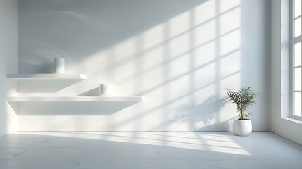 Aufkleber - modern minimalistic cozy white home interior background white wall with shelves and design wall and floor sunlight beams from window and shadows white background with spotlights : Generative AI
