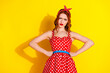 © deagreez - Photo of angry mad pretty lady wear red stylish dress isolated on vibrant yellow color background