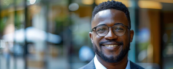 Canvas Print - Portrait of a smiling, confident African American man in a business suit, standing in a bright, modern office. Free copy space for banner.