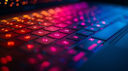 Fototapete - Selective focus image of laptop keyboard at night Backlit buttons in the dark Communication technology  personal device : Generative AI