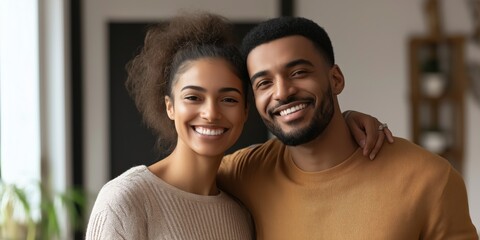 Wall Mural - A man and woman are smiling at the camera. The woman is wearing a brown sweater and the man is wearing a brown shirt