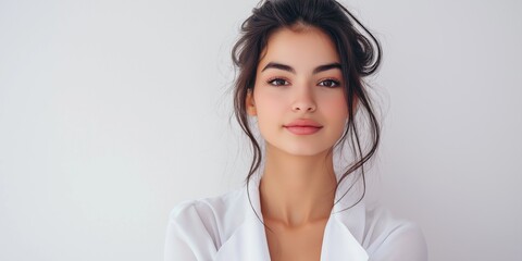 A woman with a white shirt and black hair. She is smiling and looking at the camera. The image has a warm and friendly mood