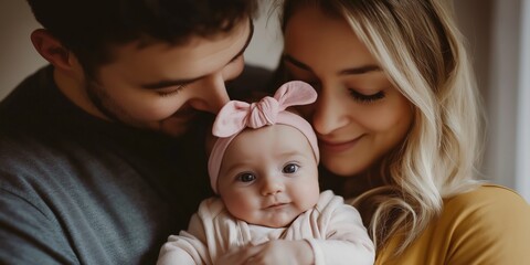 Wall Mural - A young couple holds a baby girl in their arms. The baby is wearing a pink headband. Scene is warm and loving, as the couple embraces their new child