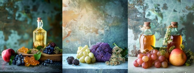 Wall Mural - Colorful still life of assorted fruits and decorative bottles with rustic background