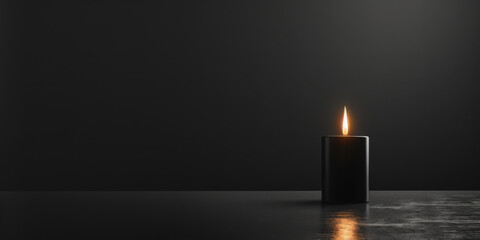 Single black candle with a flame on reflective surface symbolizing loss and mourning