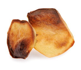 Two baked potato pieces isolated on a white background.