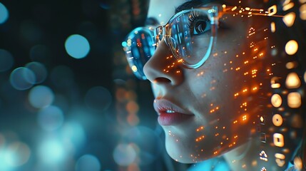 Aufkleber - Software coding hologram and woman in data analytics information technology and gdpr overlay Programmer or IT person in glasses reading script programming and cybersecurity research on : Generative AI