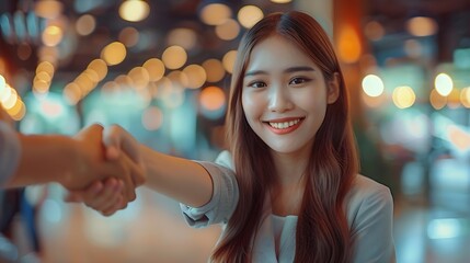 Aufkleber - Office business woman and handshake in portrait for welcome hiring and recruitment in workplace Businesspeople men or women as human resource staff professional and corporate team with : Generative AI