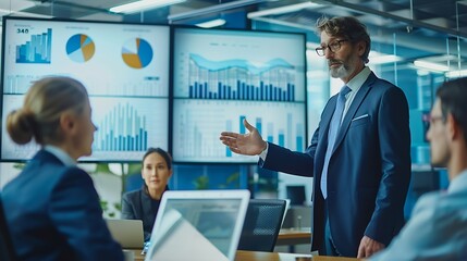 Poster - Successful business professionals presenting analytical report working together in corporate office : Generative AI