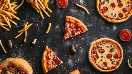 Wall Mural - Pattern of pizza slices, fries, and burgers on a dark grey background