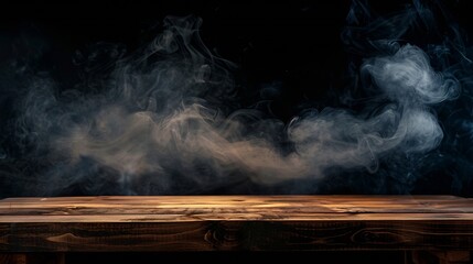 Poster - On a black background an empty wooden table with smoke floats up Empty space for displaying your products with a smoke float up on a dark background Space available for displaying your : Generative AI