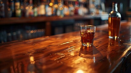 Poster - dark brown top of bar and free space for your glass : Generative AI