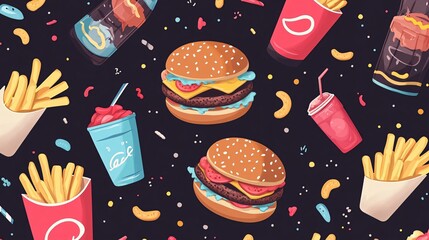 Wall Mural - Abstract pattern featuring hamburgers, fries, and soda in bright colors on a dark background