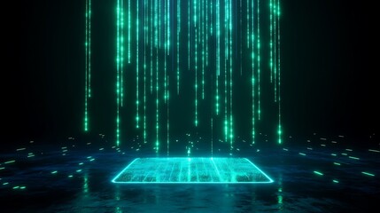 Futuristic digital connection concept with glowing data streams and a technology interface on a dark background.