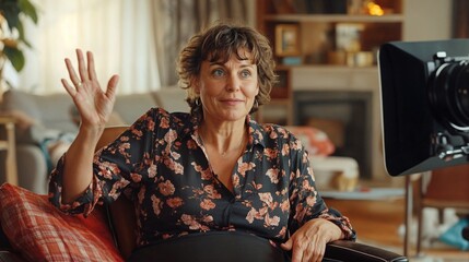 A woman sitting in a chair in front of the camera and raising her hand in a gesture of greeting or approval.