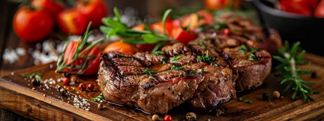 Grilled steaks on a wooden board with fresh herbs and tomatoes