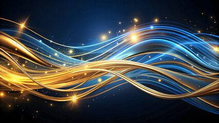 Wall Mural - Abstract futuristic design featuring shimmering blue and golden lines. Vibrant digital artwork of flowing waves with sparkling effects. Technological background 