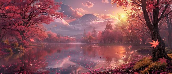 Image of Fuji with lake and cherry blossom tree.