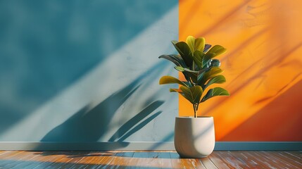 Poster - Decorative living room interior concept modern home style blue and orange wall background concretevase of plant furniture garden view parquet floor : Generative AI