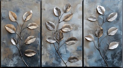 set of three abstract wall art panels with leaves