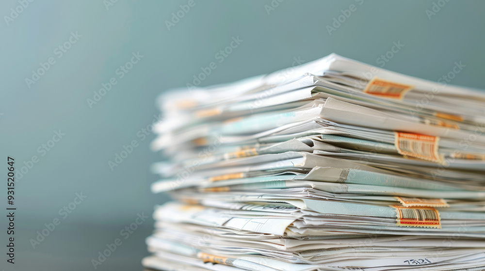 Stacked paperwork, disorganized documents with labels and faded edges ...