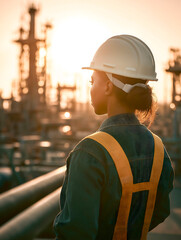 Professional young female engineer working at a modern oil refinery