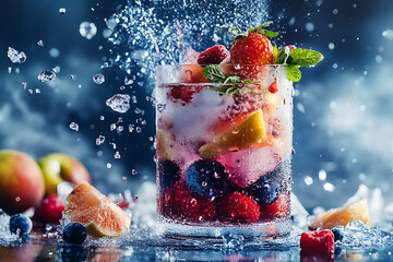 A refreshing drink with mixed fruits splashing in ice and water.