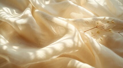 Aufkleber - Beige linen fabric texture with folds and a natural floral sunlight shadows aesthetic summer wedding bohemian background : Generative AI