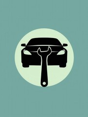 Aufkleber - A minimalist logo showcasing a car silhouette with a wrench positioned prominently over it, set against a soft pastel green background. Generative AI