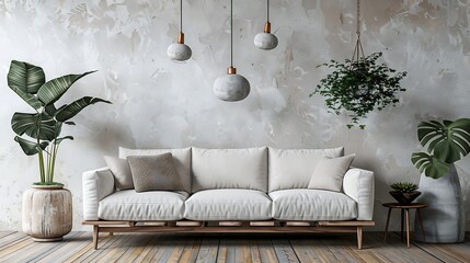 Aufkleber - Interior living room wall mockup with sofa chair side table and hanging lights on white wall background with wooden flooring : Generative AI