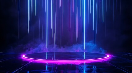 Futuristic glowing neon light stage with colorful vertical beams, surrounded by fog, perfect for sci-fi or tech-themed creative designs.