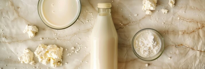 Sticker - Aerial perspective of a milk bottle alongside a glass of yogurt kefir and a chilled probiotic dairy beverage.