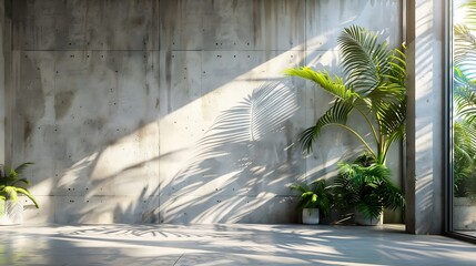 Poster - Blank concrete wall in modern empty room with tropical plant garden Luxury house interior with green palm trees Minimal architecture design : Generative AI