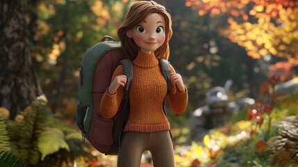 3D cartoon of a woman wearing a sweater and carrying a backpack in a natural setting